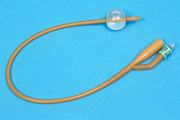 Latex Foley indwelling catheter showing inflated retention balloon