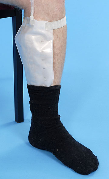 Close up of leg bag tap in socks